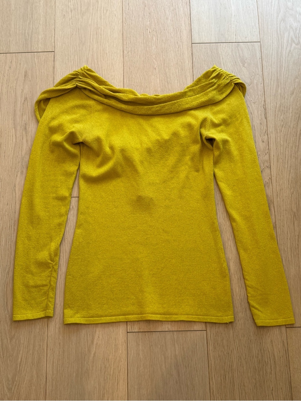 Vintage Marciano Off-Shoulder Silk Blend Sweater Top Mustard Gold Sparkle Y2K